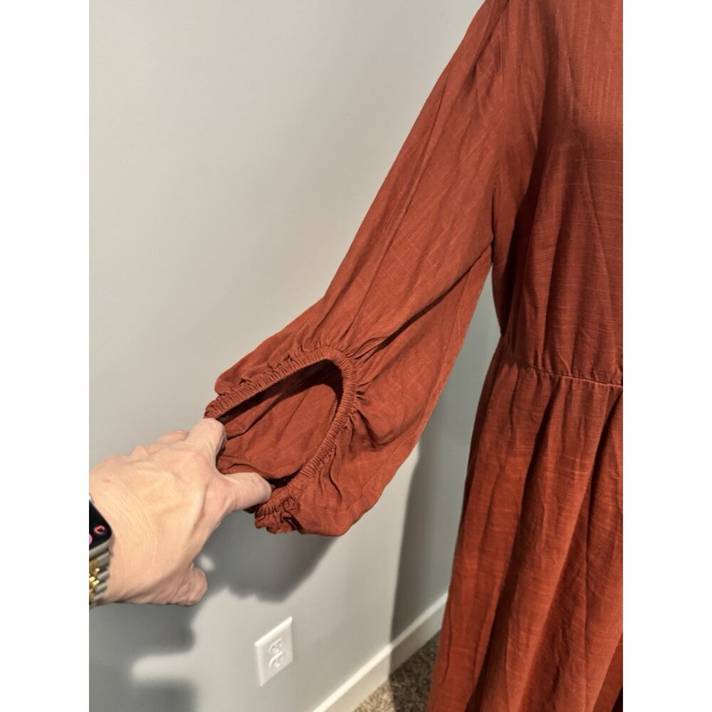 Eloquii Wrap Dress Womens 14 Rust Orange Linen Maxi Balloon Sleeve Side Slit - Picture 6 of 7